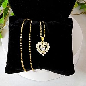 Gold Chain Necklace with Heart Pendant Clear CZ